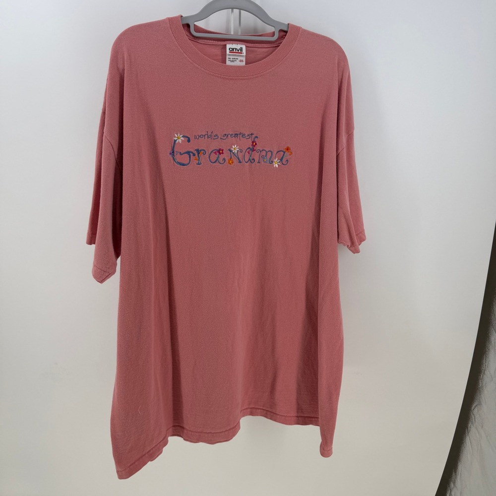 Anvil World's Greatest Grandma T-Shirt Womens 2X Pink Embroidered Floral Cottage